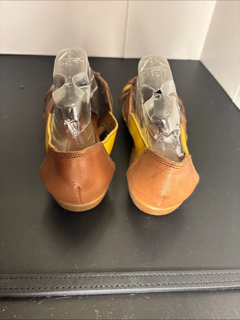 Boss Men's Brown Leather Sandals with Yellow, Red, Green, and Purple Straps
